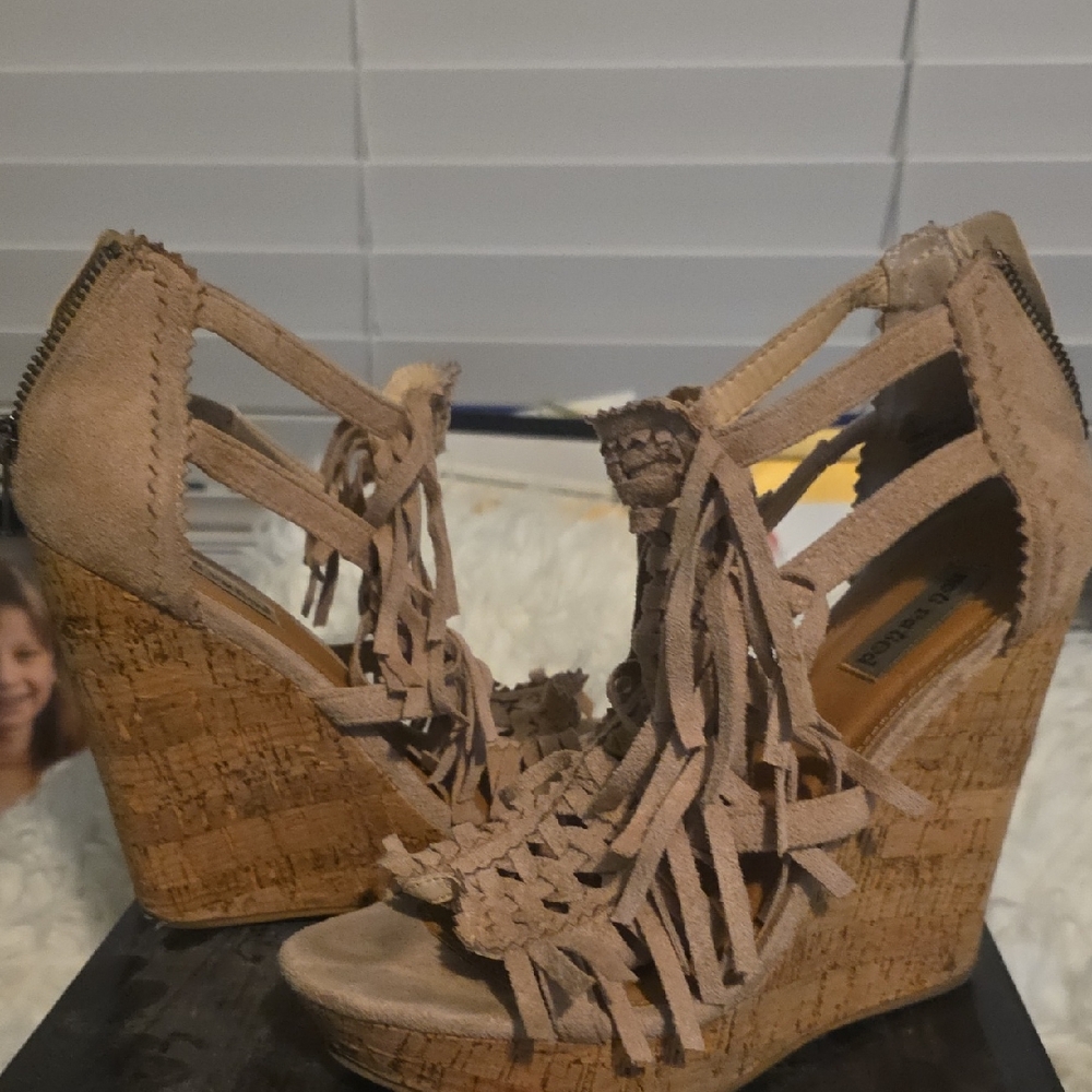 Buckle Beige Fringe Wedge Sandals. Sz 6.5